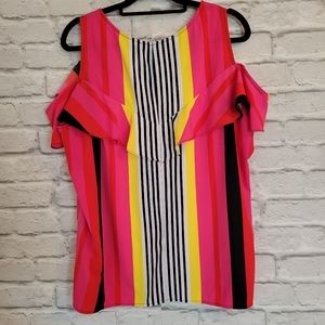 Nygard striped cold shoulder top pink black white yellow size XL